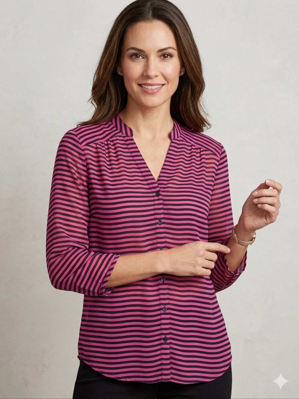 Banana Republic Pink Navy Blue Striped Sheer Chiffon V Neck Blouse Top Size S